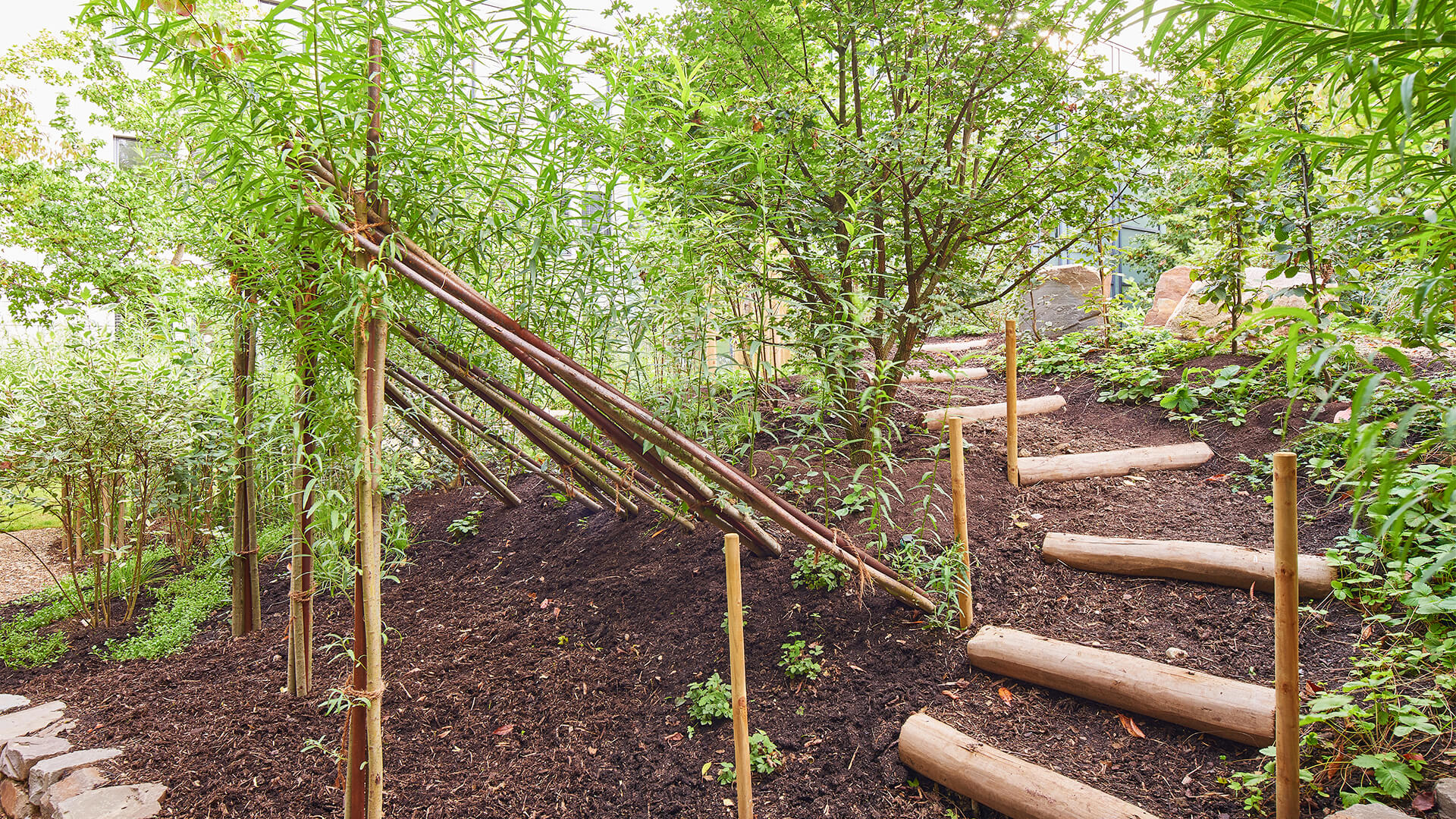 Garten und Beet mit vielen Pflanzen, Erdbeeren und Sträuchern