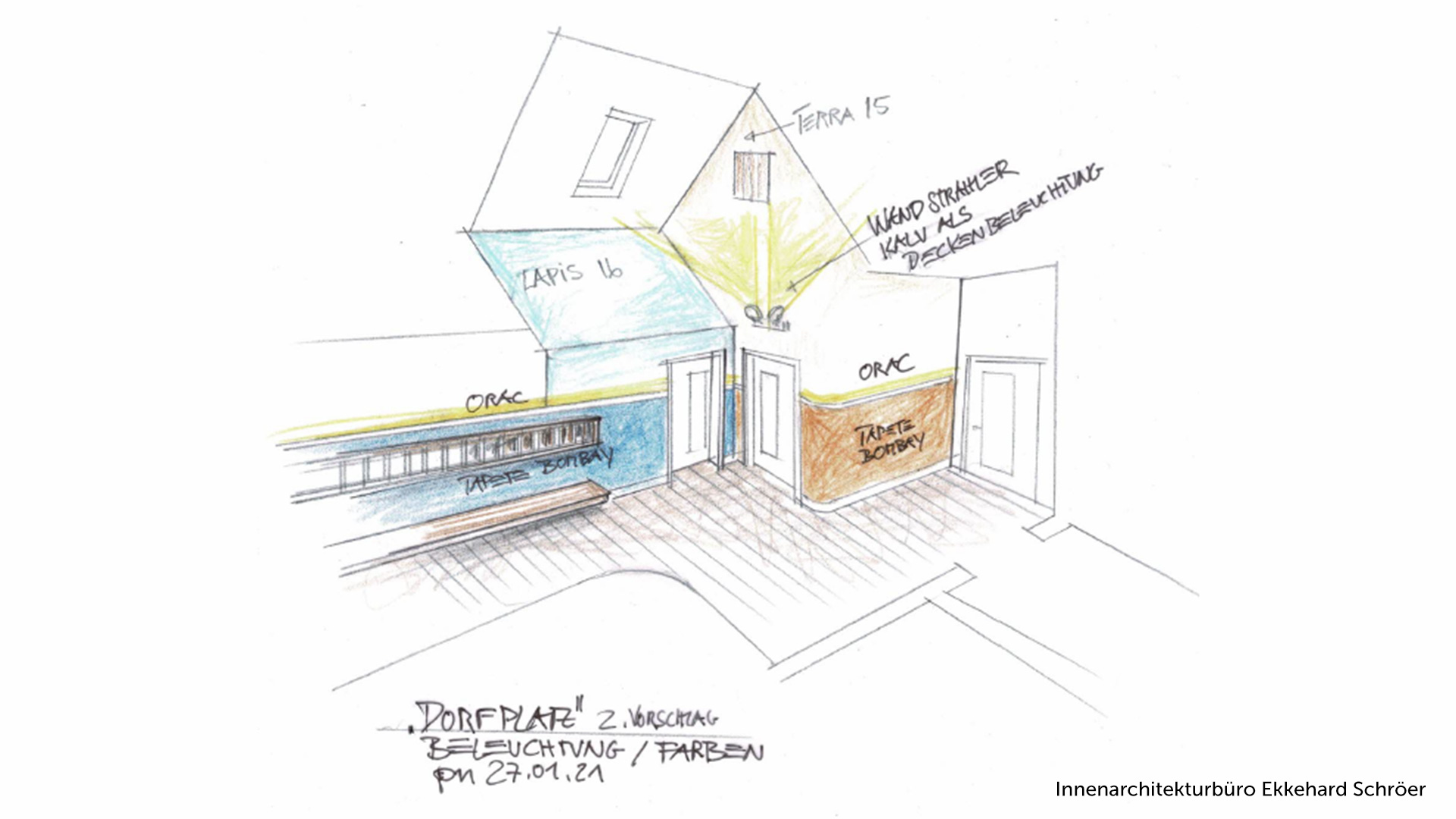 Skizze vom Innenarchitekturbüro Ekkehard Schröer mit Planung der Raum-Beleuchtung und Farben